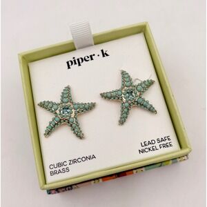Piper‎ K Turquoise Beaded Starfish Stud Earrings Cubic Zirconia Brass Gold Tone